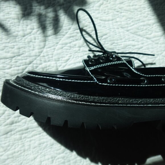 Zara Contrast Stitch Vegan Patent Boat Shoes - Picture 4 of 9